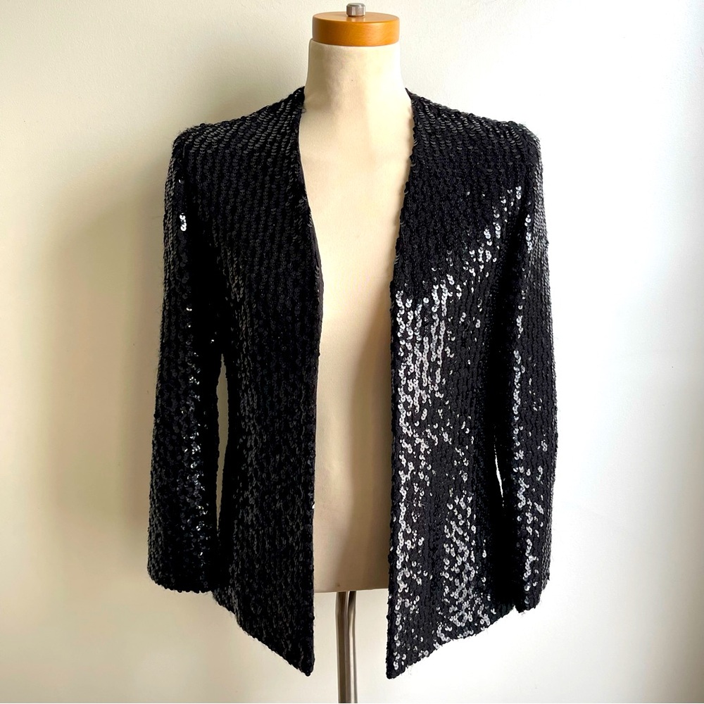 Vintage Beverly Paige Black Sequin Blazer Evening Dressy Open Collarless Small